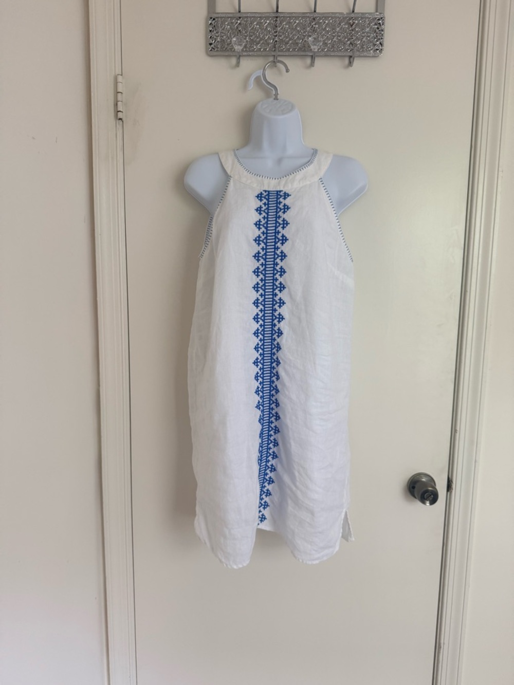White 100% Linen & 100% Cotton Dress with Blue Embroidered Center